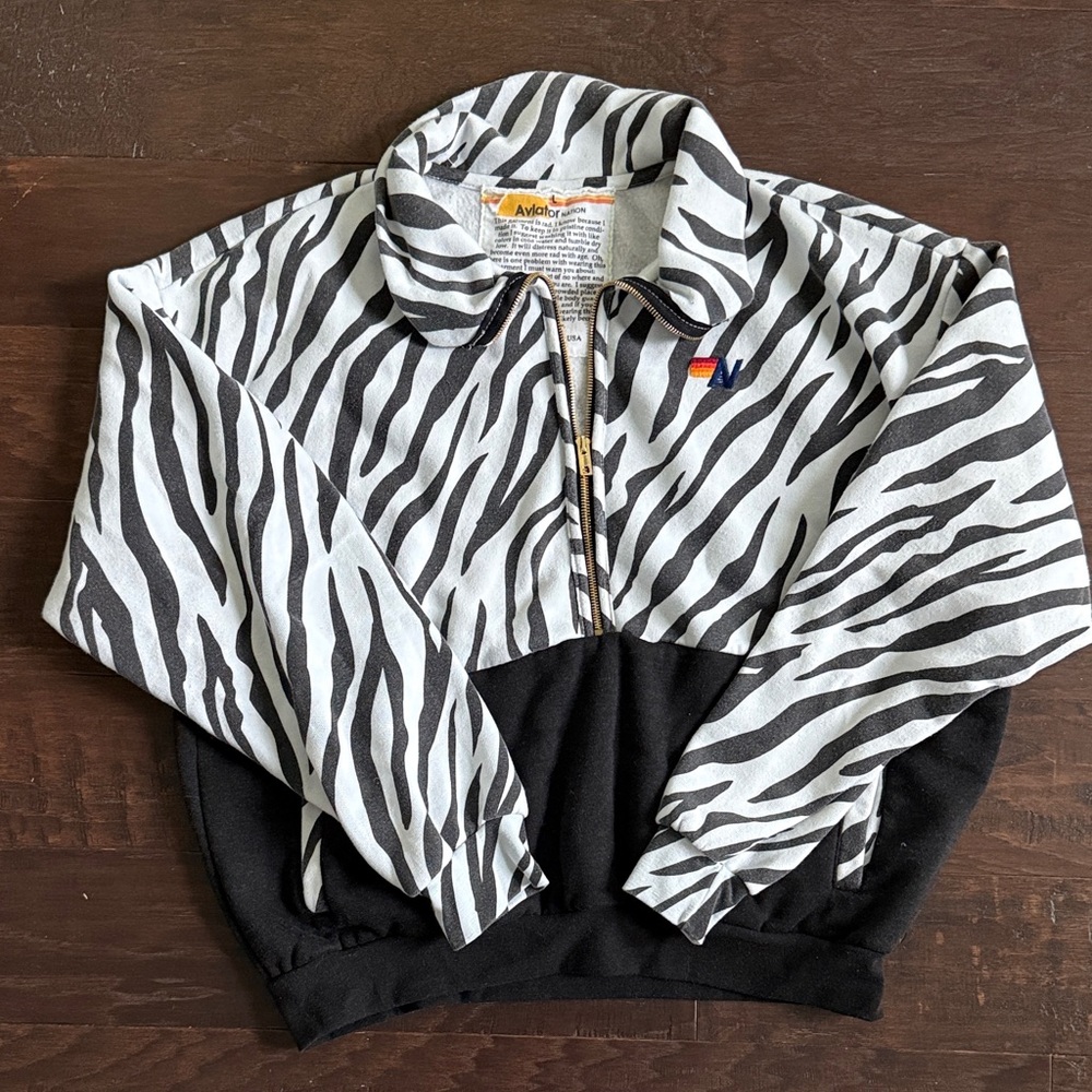 Aviator Nation Black and White Zebra Print Quarter Zip Sweatshirt